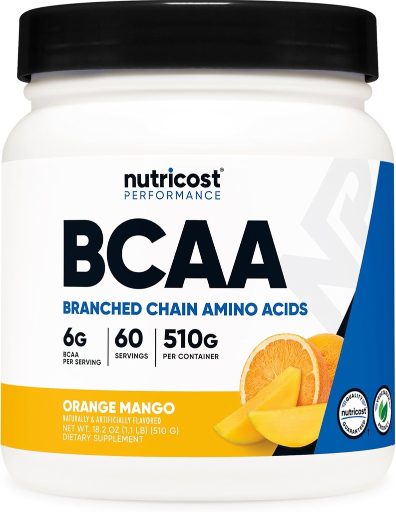 Nutricost BCAA Powder (Orange Mango, 60 Servere) - 2: 1: 1 Optimal Ratio, Gluten Free, Non- GMO, Vegetar