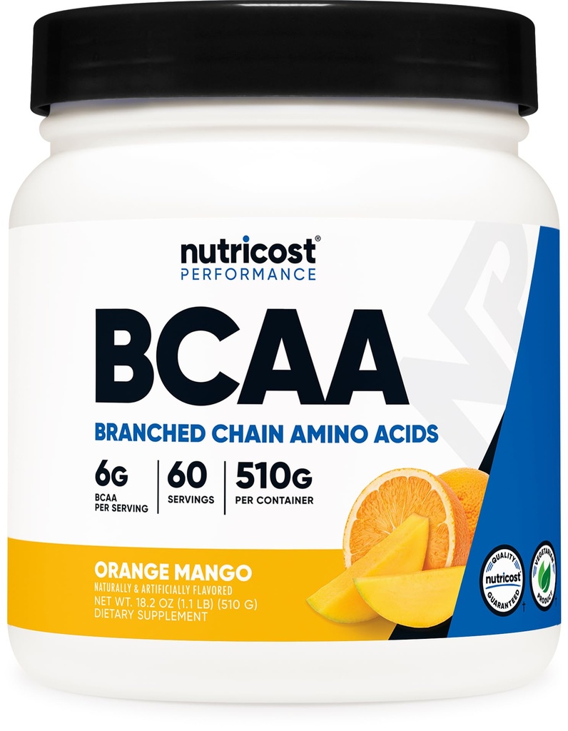 Nutricost BCAA Powder (Orange Mango, 60 Servere) - 2: 1: 1 Optimal Ratio, Gluten Free, Non- GMO, Vegetar