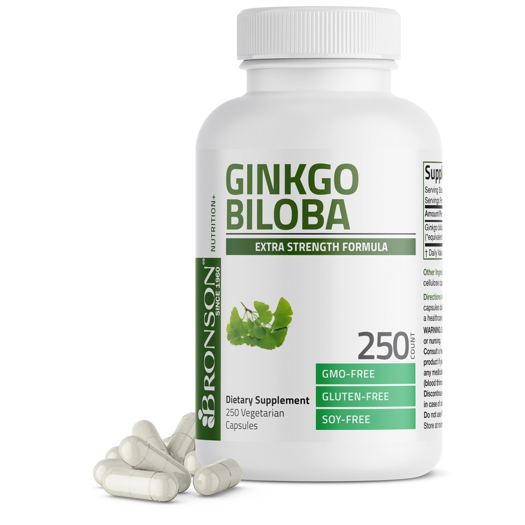 Bronson Ginkgo Biloba Extra Strength Understøtter Brain Function & Memory Support, 250 Vegetariske Kapsler