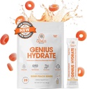 Genius Brand Genius Hydrate - Elektrolyttilskud til daglig hydrering - kokos vand - sukkerfri - 8 essentielle mineraler & næringsstoffer - non-GMO - sour Peach ringe - 20 Serveringer