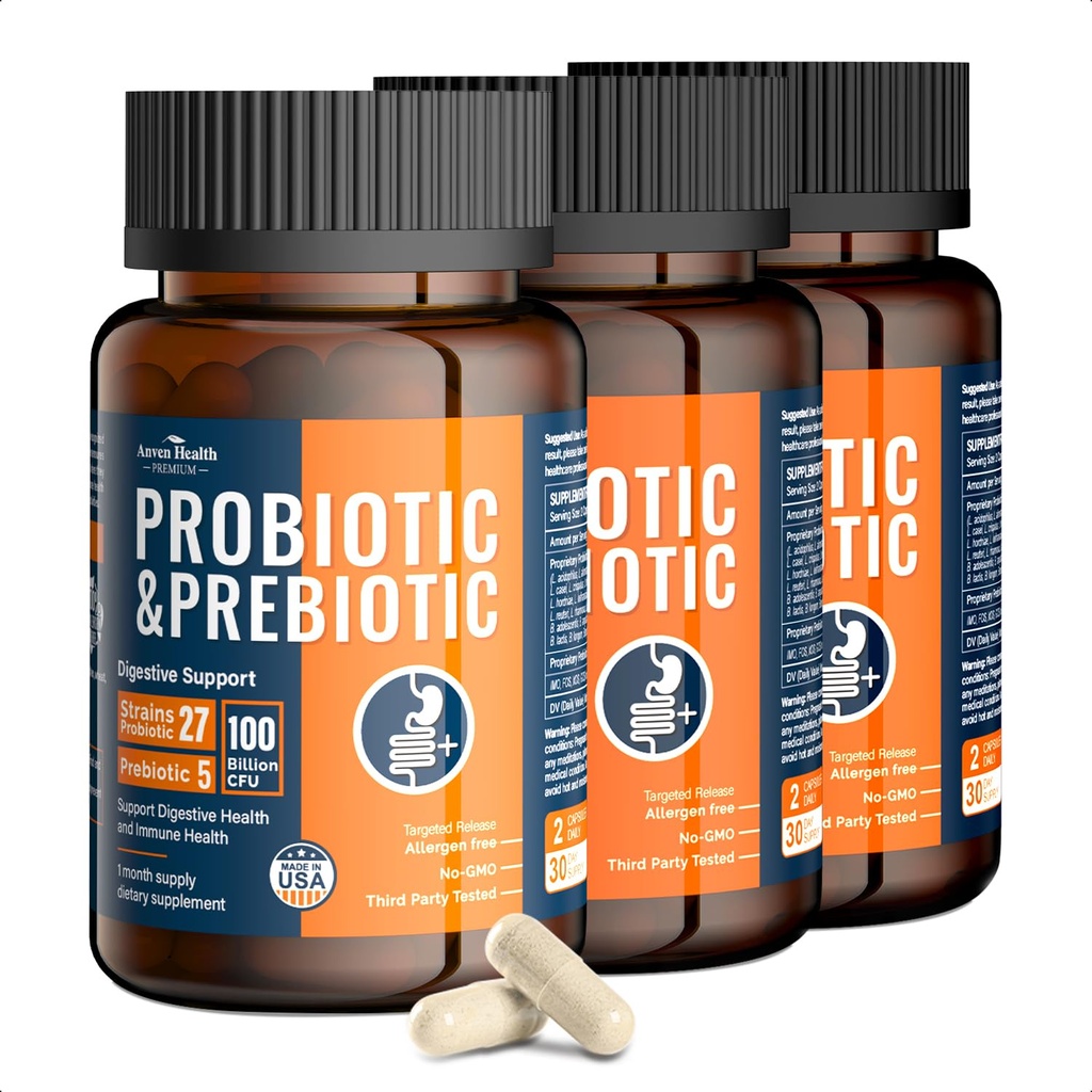 100 Millioner Probiotika til mænd og kvinder 27 Probiotika til mænd og kvinder 5 Økologisk Prebiotika til Gut fordøjelse og immunforsvar, Understøtter Diarré Gas Bloating, Non- GMO, Zero Fillers - Made in USA