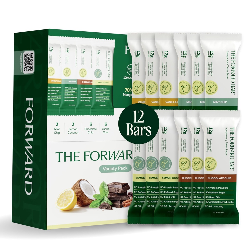 The Forward Bar – Variety Pack Protein Bar | Whole Food, Plant-Based, Gluten-Free, Dairy-Free, Non-GMO | 12g Complete Protein, High Fiber, Healthy Snack & Meal Replacement | Box of 12 Bars