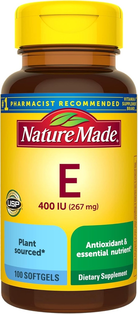 Nature Made Vitamin E 267 mg (400 IE) d- Alpha, Kosttilskud til antioxidant Support, 100 Softgels, 100 dages forsyning