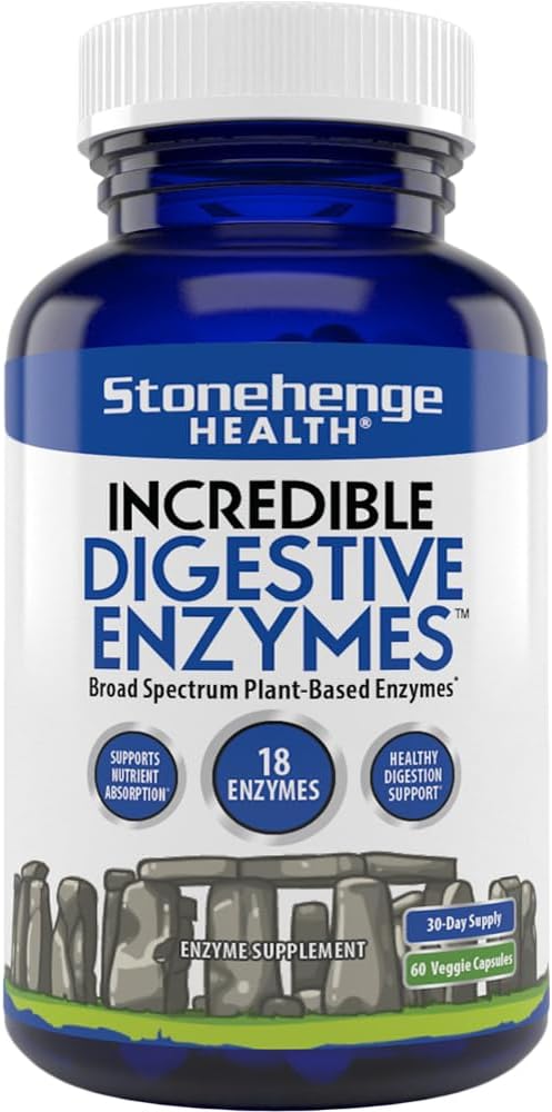 Stonehenge Health Incredible fordøjelsesenzymer - 18 Plantebaserede enzymer - Lipase, Lactase, Protease, Amylase, Bromelain for Gas, Bloating, Træthed (1)