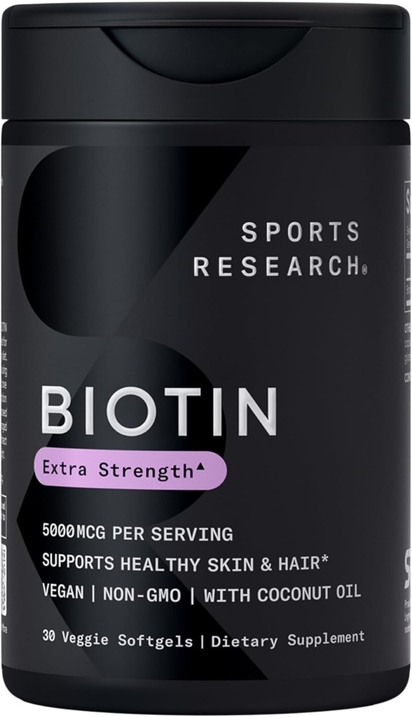 Sport Research ® Biotin 5,000mcg med økologisk kokosolie - Biotin (vitamin B7) til sund hud og hår støtte * - for kvinder og mænd - Vegan, non-GMO, gluten & soy- Free - 30 Veggie Softgels
