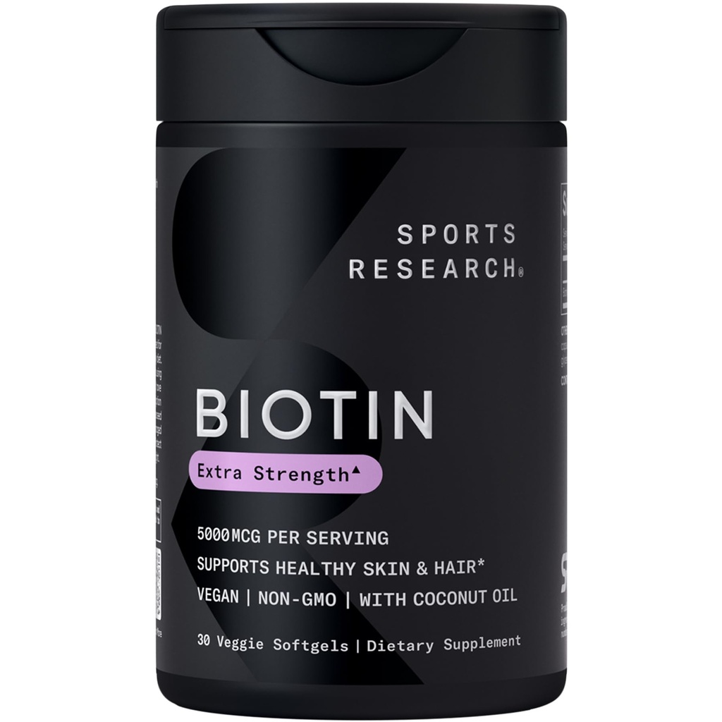 Sport Research ® Biotin 5,000mcg med økologisk kokosolie - Biotin (vitamin B7) til sund hud og hår støtte * - for kvinder og mænd - Vegan, non-GMO, gluten & soy- Free - 30 Veggie Softgels