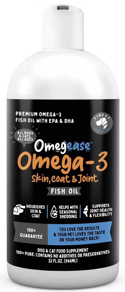 Omegease Fish Oil for Dogs & Cats - Finest for Kæledyr Omega 3 for Katte & Hunde - Supplement for Hud & Coat, Kløe, Skåle, Joints & Immun Health - 100% Pure Omega Fish Oil med EPA & DHA (32 oz)