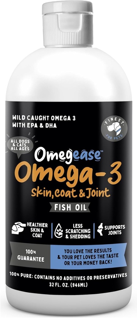 Omegease Fish Oil for Dogs & Cats - Finest for Kæledyr Omega 3 for Katte & Hunde - Supplement for Hud & Coat, Kløe, Skåle, Joints & Immun Health - 100% Pure Omega Fish Oil med EPA & DHA (32 oz)