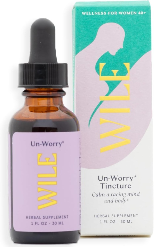 WILE Un- Worry Tincture for Women - Rolig, Focus & Mood Support Liquid with Holy Basil, Bacopa & Reishi, Herbal Perimenopause, Menopause, Hormonal Support Drops for Stress, 1fl oz