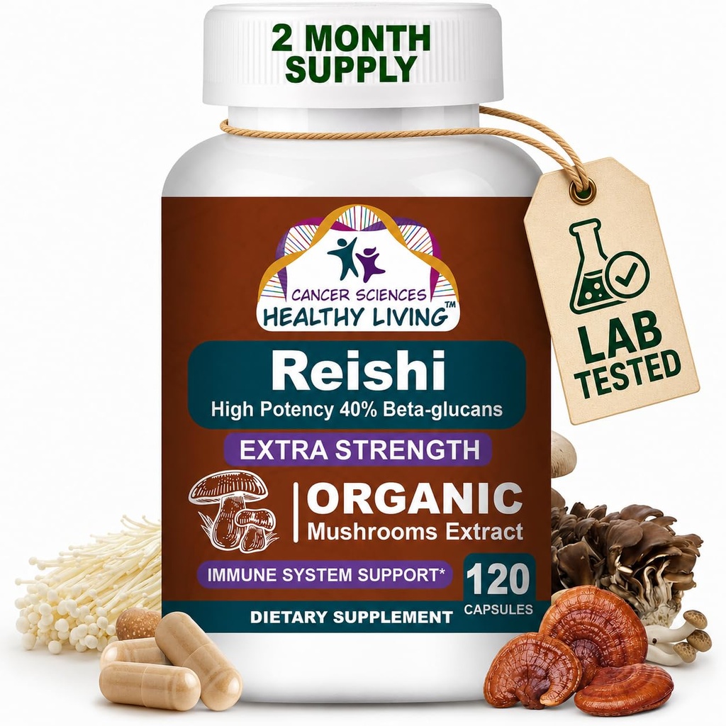CANCER VIDENSKABER Reishi Wellness Mushroom Supplement Kapsler, USDA Certified Organic Mushrooms Extract, Extra Strength 1.500 mg, High Potency 40% Beta- Glucans, immunforsvar, Anti- aging, 120 Kapsler