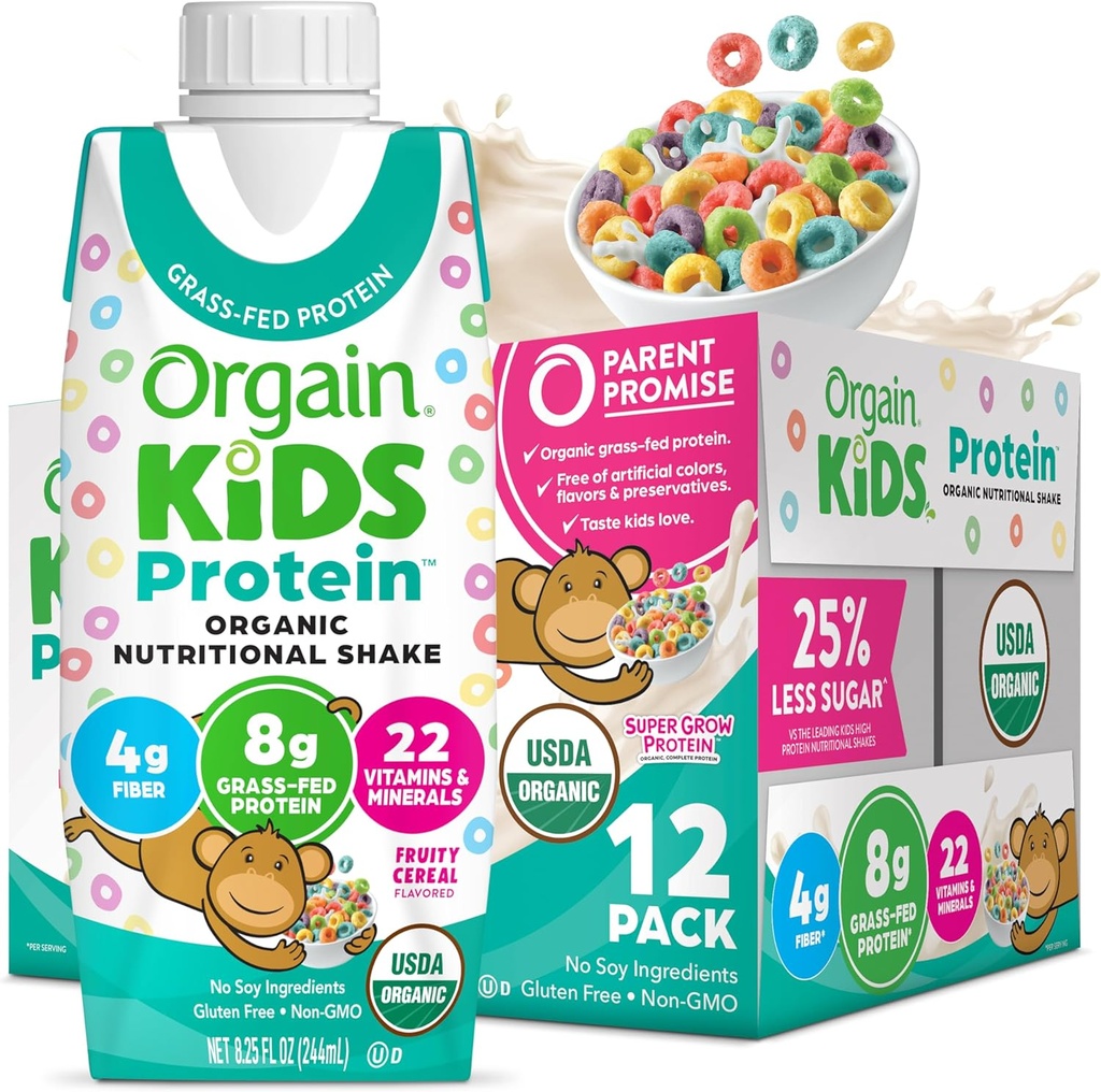 Orgain Organic Kids Nutritional Protein Shake, Fruity cereal - Kids Snacks with 8g Dairy Protein, 22 Vitamin & Minerals, Fruits & Grøntsager, Gluten Free, Soy Free, Non- GMO, 8.25 Fl Oz (Pack of 12)