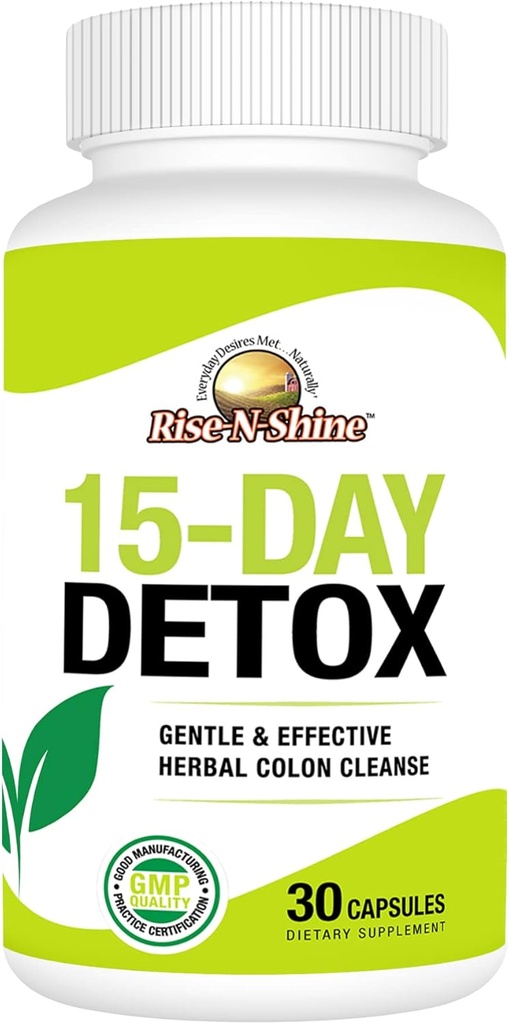Rise-N-Shine 15 Day Detox Cleanse - Gut Health Support for Women & Men with Senna Leaf and Cascara Sagrada (30 Capsules)