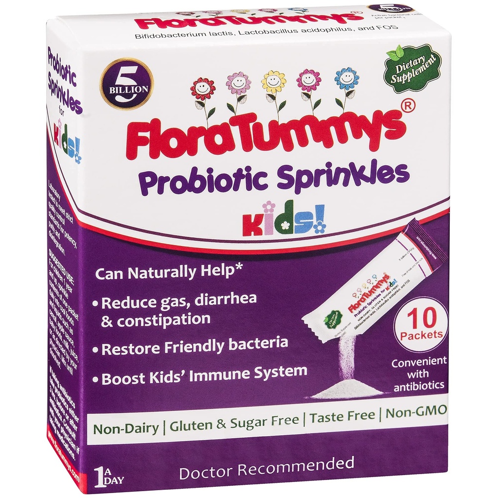 FloraTummys Probiotic Sprinkles Kids 10ct: Taste-Free, Easy-to-Use Probiotic Powder Packets, Non-Dairy, Gluten & Sugar-Free. Non-GMO, Travel Size