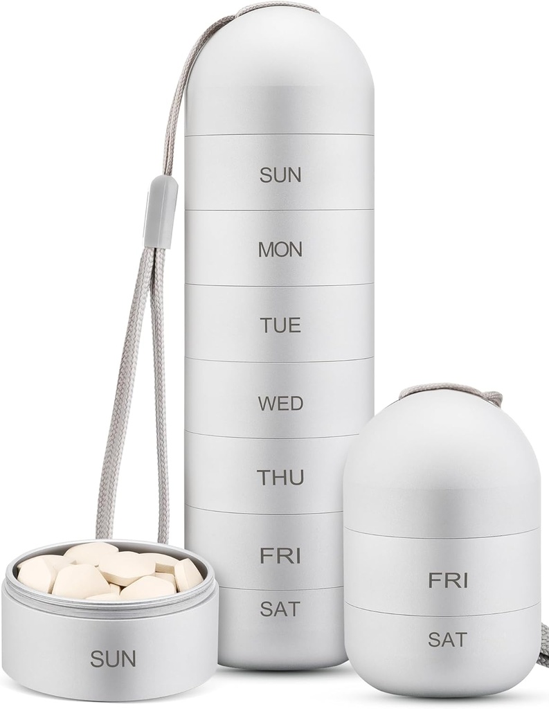Zannaki Metal Fugt Bevis Weekly Pill Organizer, Stackable Aluminum Alloy BPA Gratis rejse vandreture 7 Dag Pill Box sag Vandtæt og stort kompartment til at holde piller, vitaminer, fiskeolie, kosttilskud