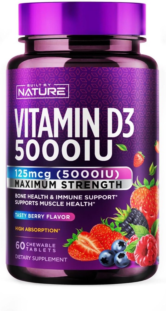 Bygget af Nature Chewable Vitamin D3 5000 IE - D-vitamin supplement tykkere - Sukker Free & Natural Berry Flavor - 60 tabletter
