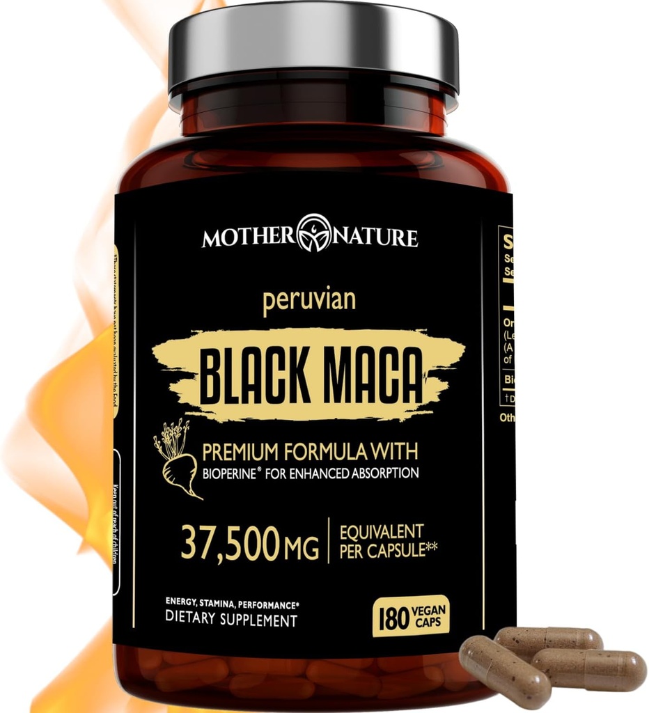 Black Maca Root 50: 1 Extract 37,500mg - 180 Kapsler Organic Peruvian Maca Peruana Supplement for mænd Budd124; High Potency Energy, Mood & Performance Support