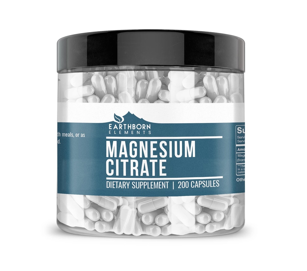 Earthborn Elements Magnesium Citrate 200 Kapsler, Pure & Ufortyndet, Ingen tilsætningsstoffer