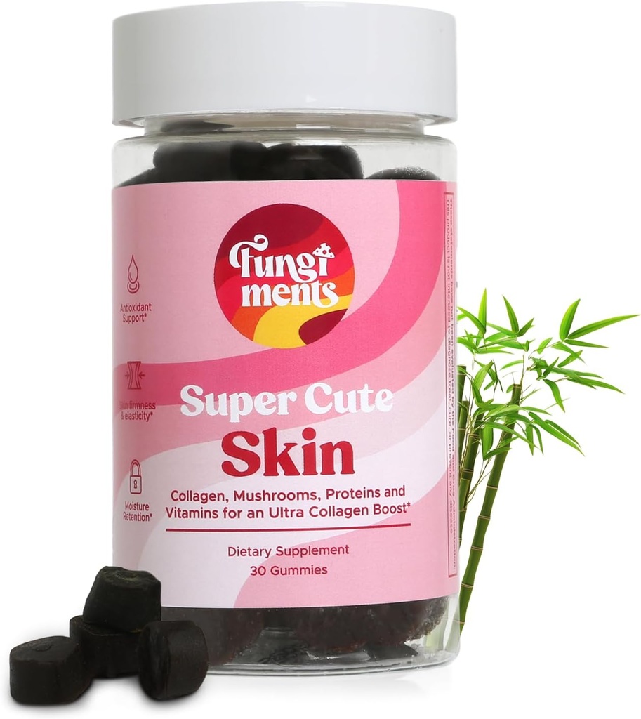 Fungiments Super Cute - Mushroom Supplement - Chaga Mushrooms, Biotin, Collagen Peptider, Keratin, C-vitamin, Bamboo Extract - Sund hud og glatte rynker (30 Mushroom Gummies)