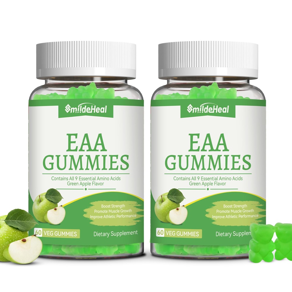 SmideHeal EAA Gummies, 5750 mg Essential Amino Acids - All 9 Essential Aminos (EAA) and All Branched-Chain Aminos (BCAAs), Non-GMO, Gluten Free, Vegetarian Friendly, Apple Flavor, 120 Gummies