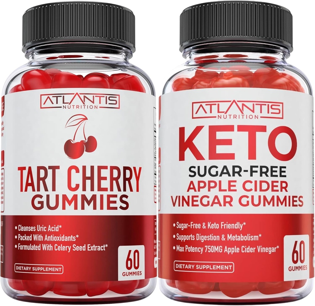 Atlantis Nutrition Tart Cherry 60 Gummies + Sugar Free Keto Apple Cider Vinegar 60 Gummies