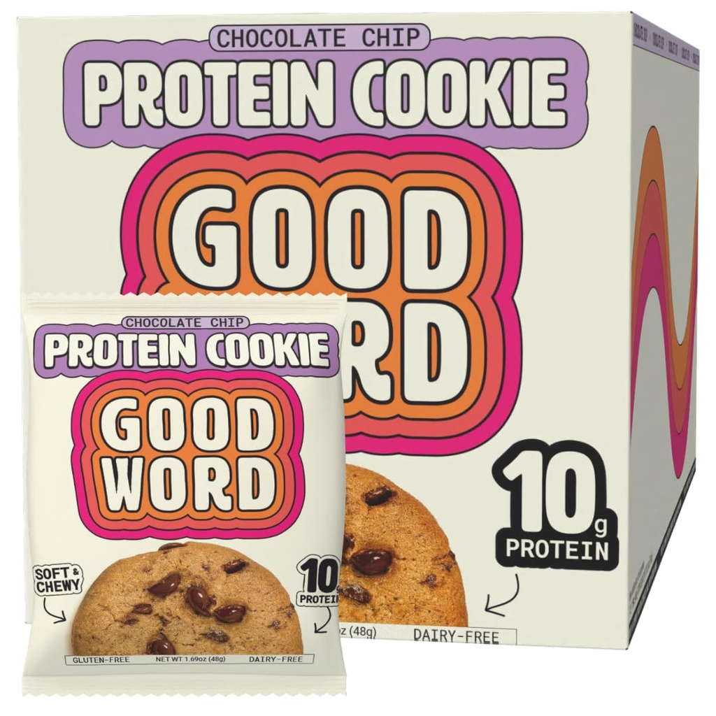 Chocolate Chip Protein Cookie, Soft & Chewy, High Protein Snack, Gluten-Free, Grain-Free, Dairy-Free, No Seed Oils, No Refined Sugars, Made with Almond Butter & Collagen, 12-Pack