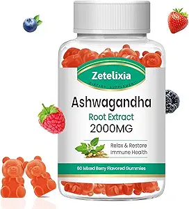 Ashwagandha Gummies, Extra Strength Vitamin D3, Organic Ashwa Root Extract supplement til rolig mood afslapning & immunforsvar, blandet berry Vegan Sukker Free Chews 60 Greve