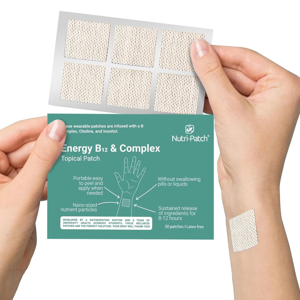NUTRI-PATCH Energy B12 &Complex Topical Patch, Infused with B1,B2,B3,B5,B6,B12,Biotin,Choline & Inositol 30 Count | Infused with B1, B2, B3, B12, B9, Biotin.