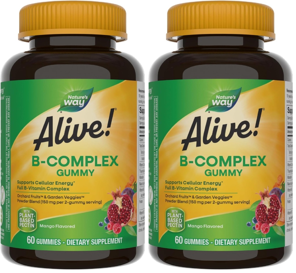 Nature's Way Alive! Vitamin B Complex Gummies,Cellular Energy Support*,8 B-Vitamins,Vegetarian,Mango Flavored,(Packaging May Vary),60 Count (Pack of 2)