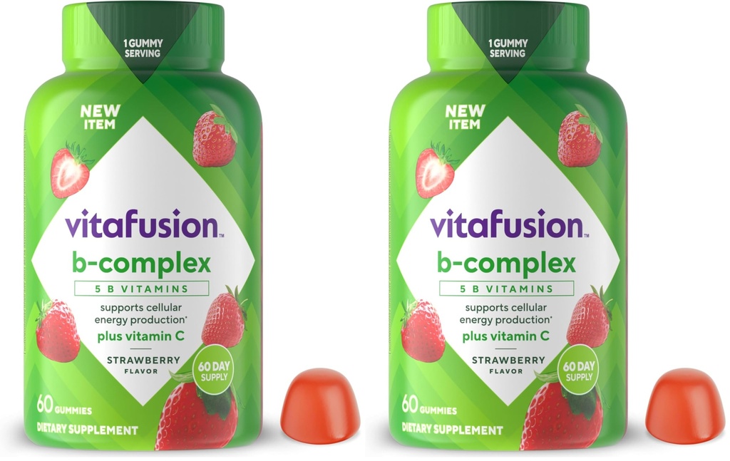 Vitafusion B-Complex Gummy Dietary Supplements, with 5 B Vitamins to Support Cellular Energy Production (1), Plus Vitamin C, Strawberry Flavor, 60 Count (Pack of 2)