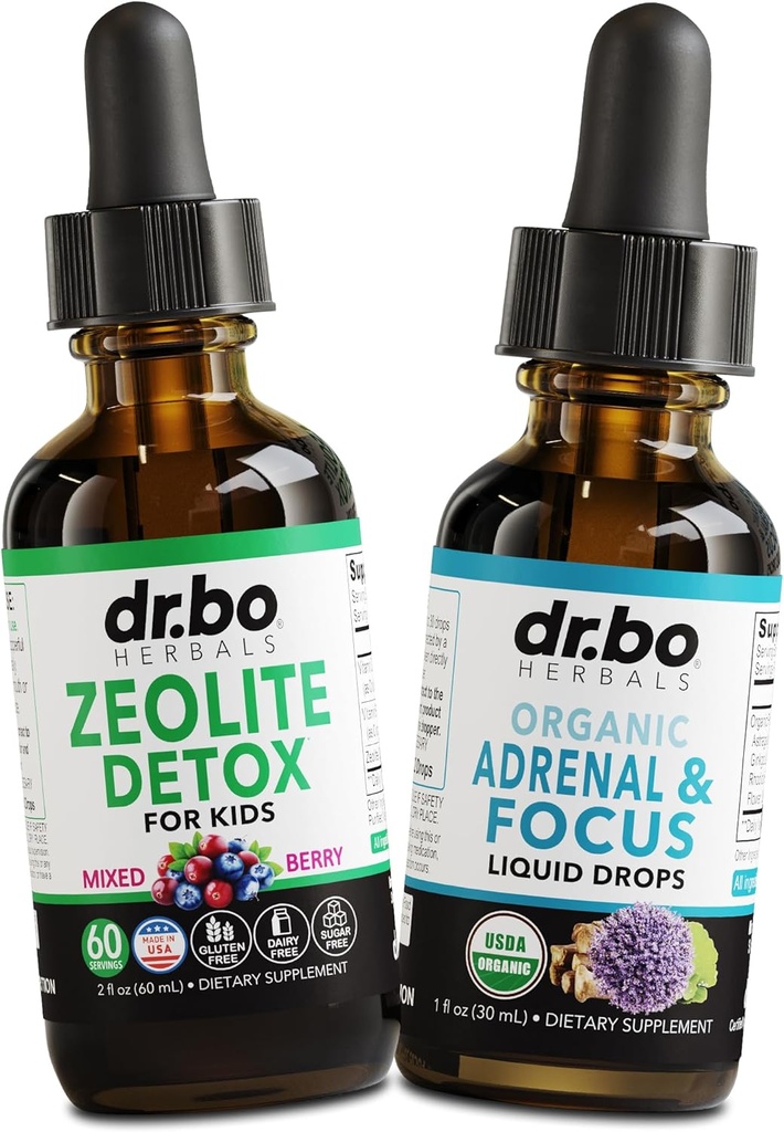 Zeolite Detox & Adrenal Focus Support - Clinoptilolite Zeolite for børn og voksne flydende dråber med vitaminer B12 & D - Organic Adrenal og fokus for rolig naturlig hjerne, hukommelse træthed stress opmærksomhed