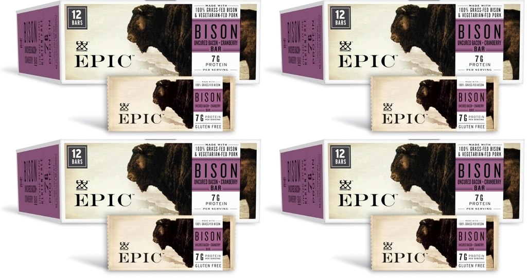 EPIC Bison Uncured Bacon and Cranberry Bars, Grass-Fed, Protein Bar, 12 Ct, 15.6 oz (Pack of 4)