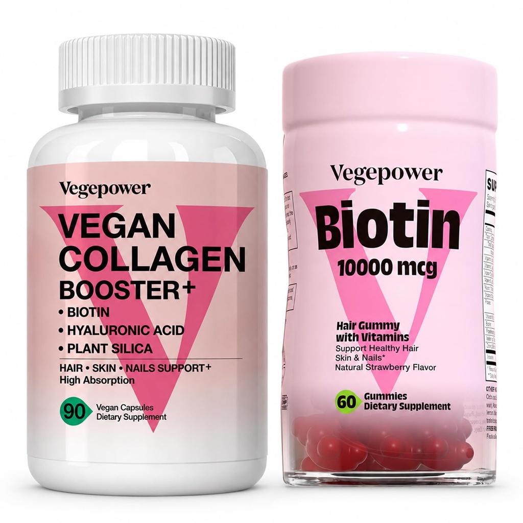 Hair Skin Nails Bundle, Vegan Collagen Booster Capsules + Biotin 10000 mcg Gummies, Beauty Support Supplement for Hair, Skin & Nails
