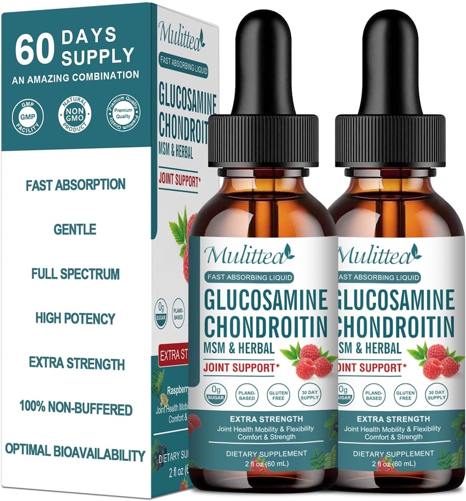 (2 Pack) Glucosamin Chondroitin MSM Liquid Drops - Extra Strength Joint Support Supplement med Elderberry, Boswelia, Bromelain, Hyaluronsyre - Antioxidant immunforsvar Support til voksne, mænd og kvinder