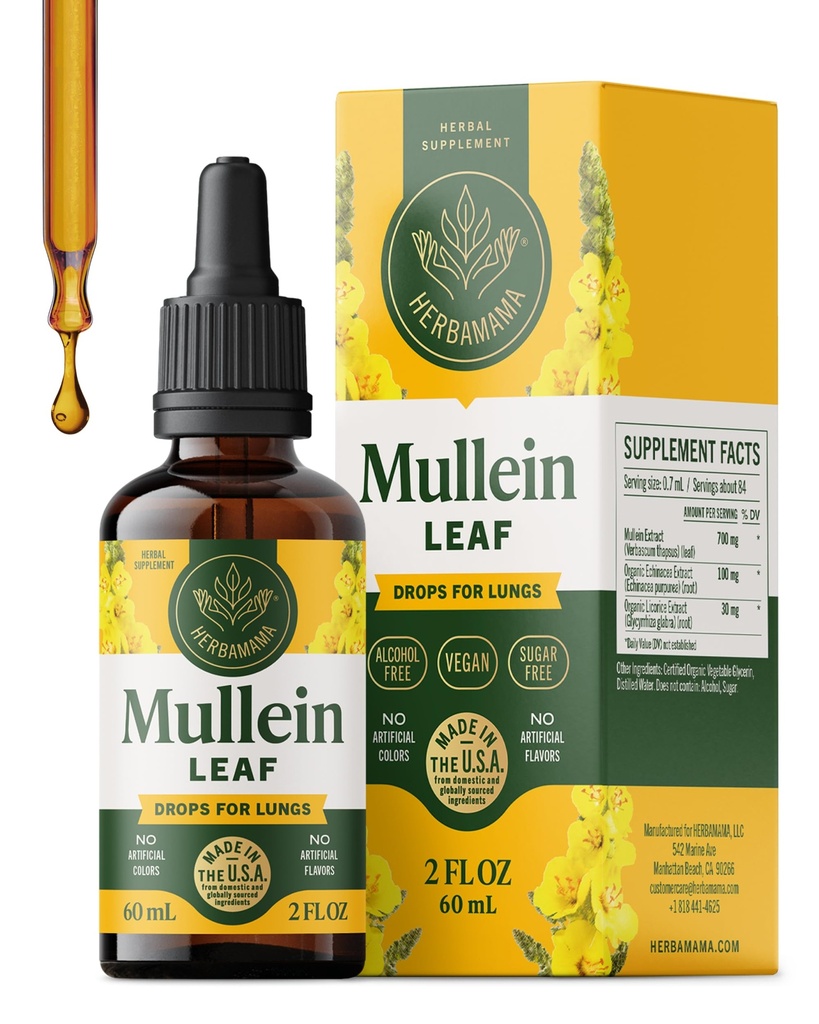 HERBAMAMA Mullein Drops til Lungs - Vegan Mullein Leaf Extract til Lungs Cleanse Support - Non-GMO, Alkohol & Sugar- Free Respiratory Supplement, 28-Day Supply