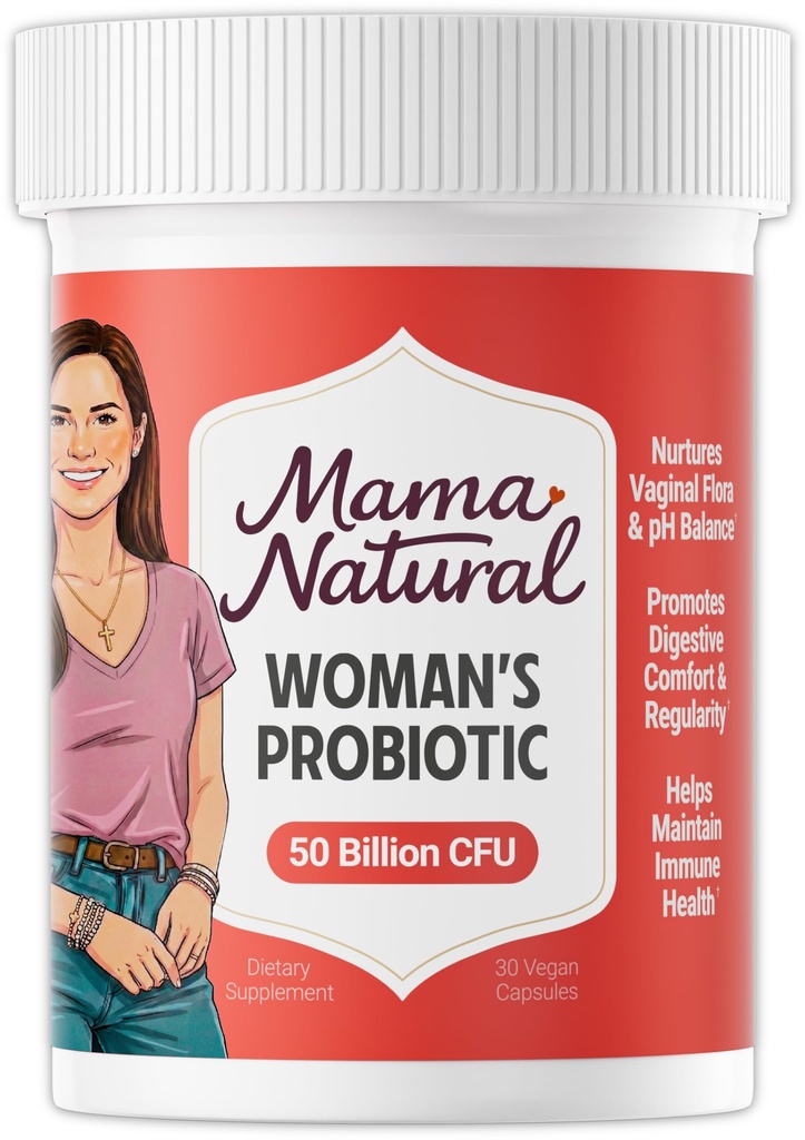 Mama Natural Womens Probiotic – Vaginal, Gut Health & Immune Support Supplement – with Organic Prebiotics (30 Count) - Lactobacillus & Bifidobacterium Probiotic - 50 Billion CFU & 10 Strains