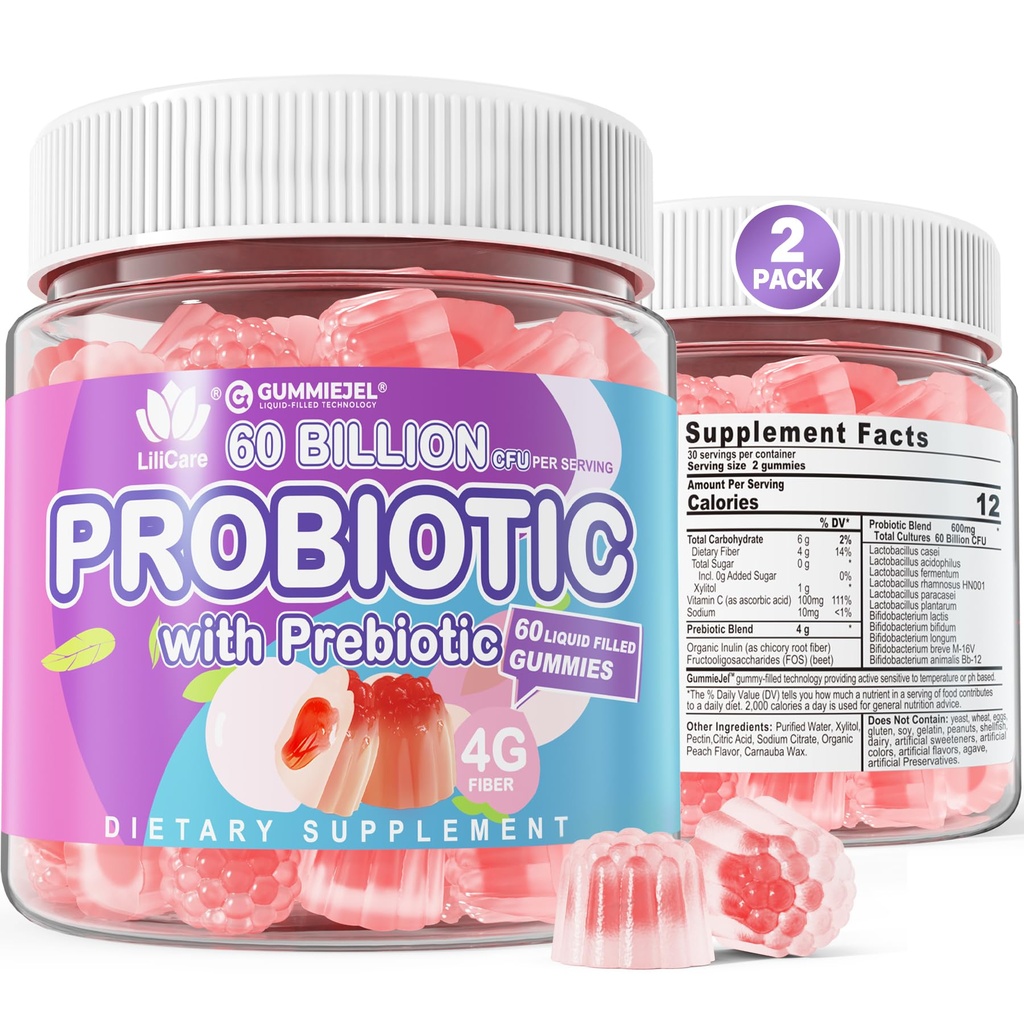 2Pack Probiotika + Prebiotika Gummies Sukker Gratis 60 Millioner CFU, 11 Stammer Probiotika Fyldt Gummies for kvinder Mænd fordøjelsessygdomme og Gut sundhed, Understøtter Forstoppelse, Diarré, Gas & Bloating