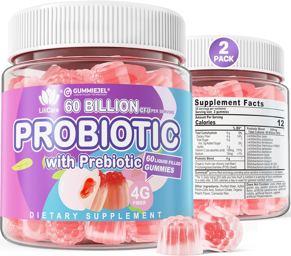 2Pack Probiotika + Prebiotika Gummies Sukker Gratis 60 Millioner CFU, 11 Stammer Probiotika Fyldt Gummies for kvinder Mænd fordøjelsessygdomme og Gut sundhed, Understøtter Forstoppelse, Diarré, Gas & Bloating