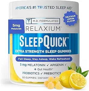 Relaxium Sleep Quick Gummy, Sleep Aid Support, 5 mg Melatonin, Vitamin D-3, Prebiotic & Probiotic Blend, Gluten & Drug Free, Lemon Flavor, 60 Gummies