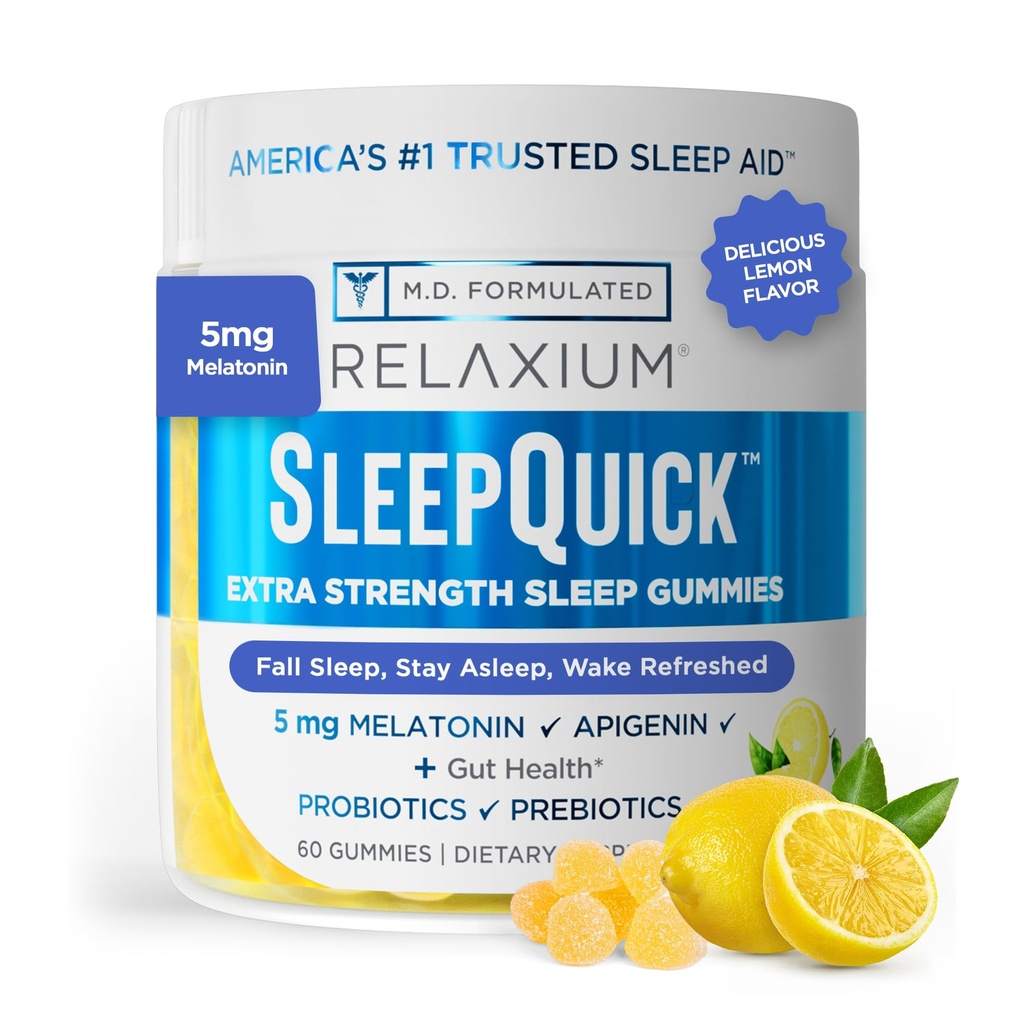 Relaxium Sleep Quick Gummy, Sleep Support, 5 mg Melatonin, D-3-vitamin, Prebiotic & Probiotic Blend, Gluten & Drug Free, Lemon Flavor, 60 Gummies