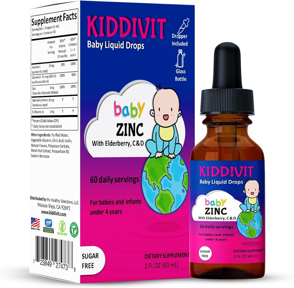 Kiddivit Baby Zink Liquid Drops med Elderberry, Vitamin D3 & C - Gentle Immunitet Support - 60 Daglig Servering, Inulin Forarbejdede Prebiotic Fiber - Sukker fri, Gluten fri, Vegetarisk, 2oz