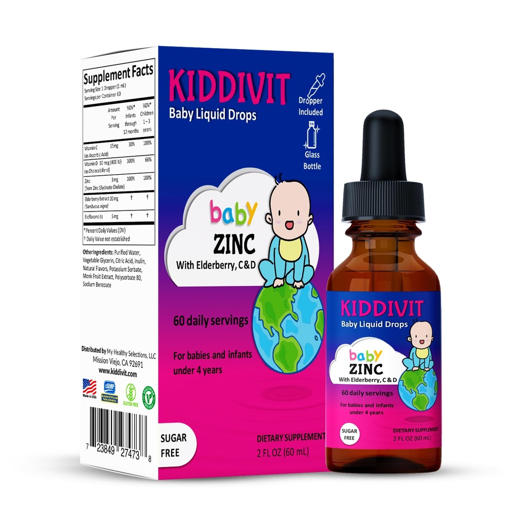 Kiddivit Baby Zink Liquid Drops med Elderberry, Vitamin D3 & C - Gentle Immunitet Support - 60 Daglig Servering, Inulin Forarbejdede Prebiotic Fiber - Sukker fri, Gluten fri, Vegetarisk, 2oz