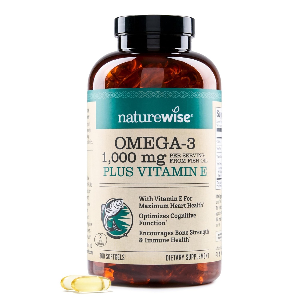 NatureWise Extra- Strength Omega 3 Fish Oil Supplement - 1000 mg per servering - 600 EPA & 400 DHA og E-vitamin - Støtte til hjerte & hjerne sundhed - Lemon Flavor, GMO- Free - 360 Softgels [6-måned Supply]