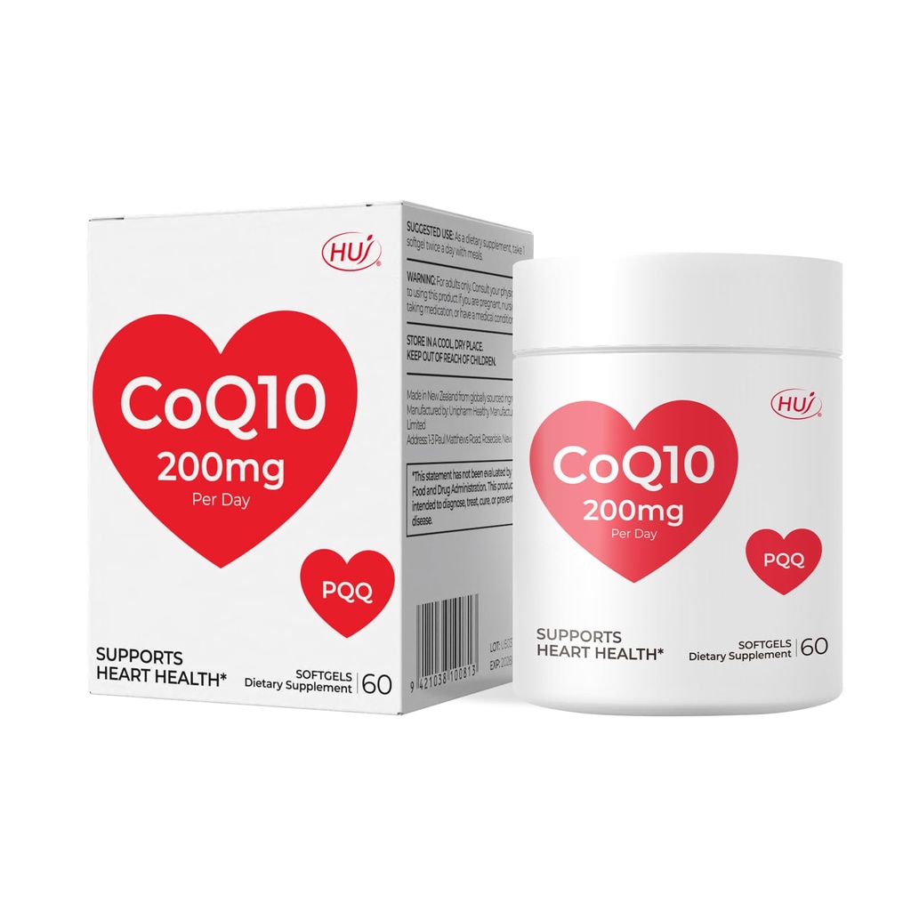 HUJ CoQ10 200mg Per Day - Heart Health & Cellular Energy Support with Coenzyme Q10, Vitamin E & PQQ - 60 Softgels