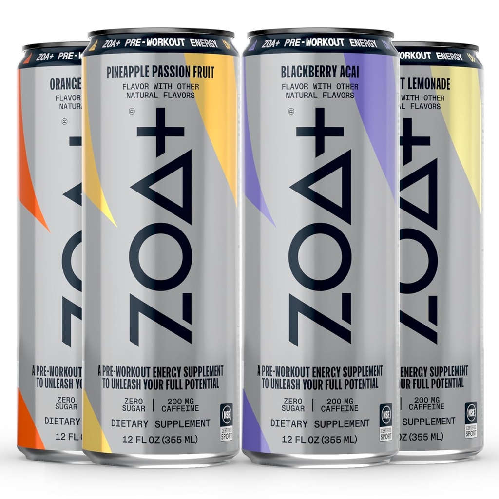 ZOA + Pre- Workout Energy Drink, Variety Bundle - NSF Certified for Sport med Zero Sugar, Nitrogen Oxide Support, B & D Vitaminer, Aminosyrer, og Elektrolyter - 48 pack