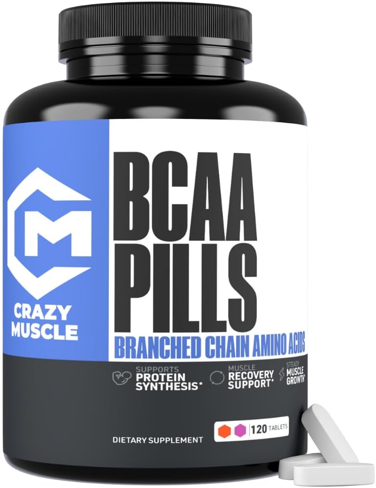 Crazy Muscle BCAA Pills with The Perfect 2:1:1 Ratio of Branched Chain Amino Acids Supplement, 1000mg of BCAAs per Pill (Better Than Capsules), 120 Tablets