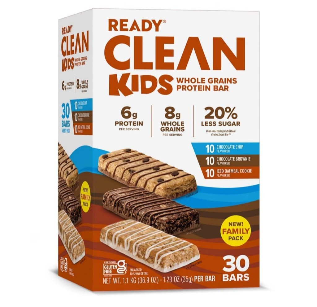 Ready Kids Protein Bars | 6g Protein, 4g Fiber, 8g Whole Grains per Bar | Chocolate Chip, Chocolate Brownie, Iced Oatmeal Cookie Flavors | No Sucralose | Variety Pack, 30 Count