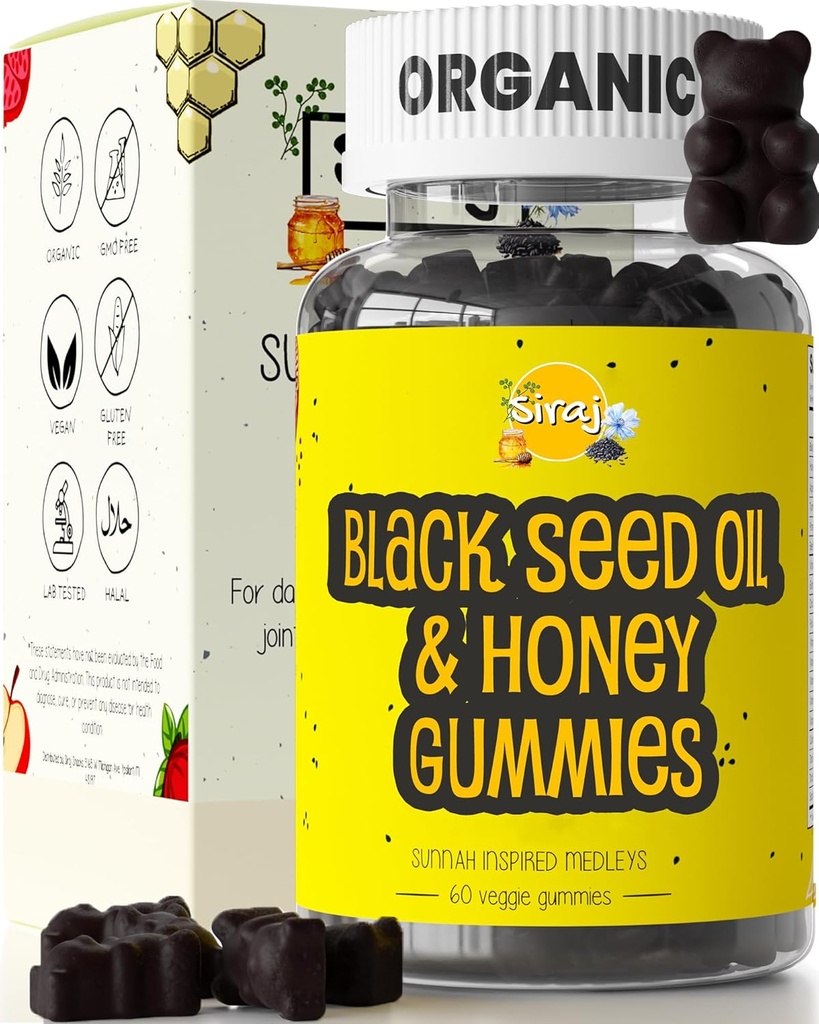Siraj Organic Black Seed Oil Gummies w / Honey & 15% Thymoquinone ttesmå 124; Multivitamin til immunforsvar, Stress Relief Gummy Vitamin Mears 124; Gurkemeje, Apple Cider Vincils, Multivitamin Gummies