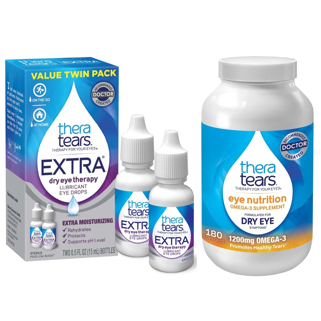 TheraTears 1200mg Omega 3 supplement til øjenernæring, Organic Flaxseed Triglycerid Fish Oil and Vitamin E, 180 greve med Thera Tears Eye dråber til tørre øjne, 0.5 Fl Oz, 15 Ml, 2 Pack