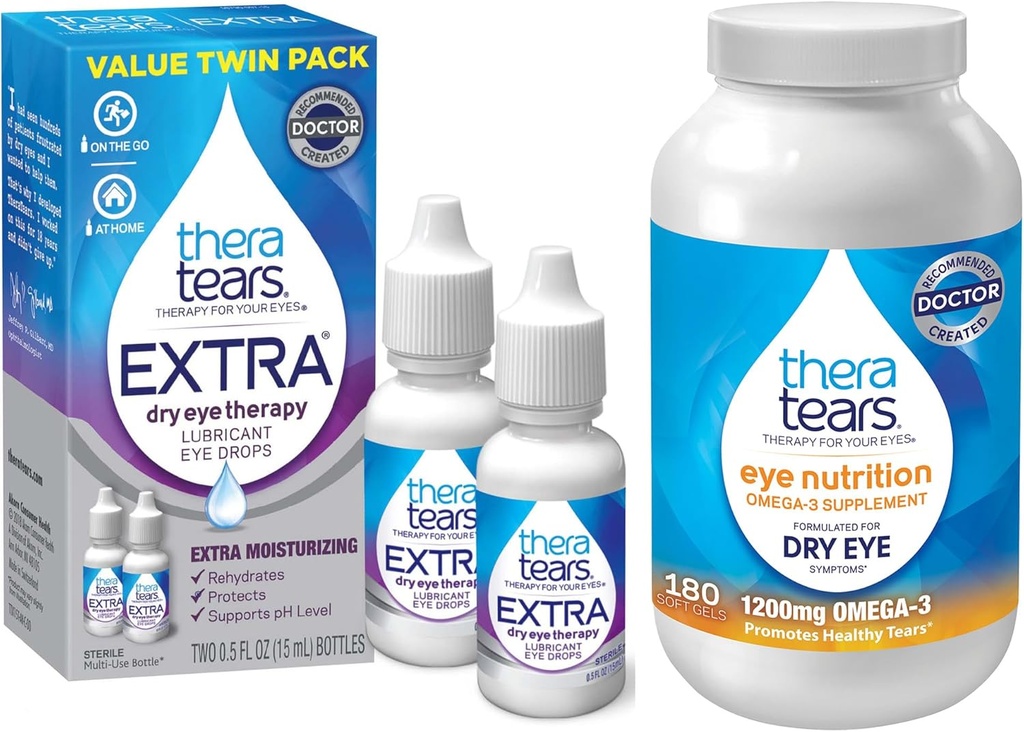 TheraTears 1200mg Omega 3 supplement til øjenernæring, Organic Flaxseed Triglycerid Fish Oil and Vitamin E, 180 greve med Thera Tears Eye dråber til tørre øjne, 0.5 Fl Oz, 15 Ml, 2 Pack