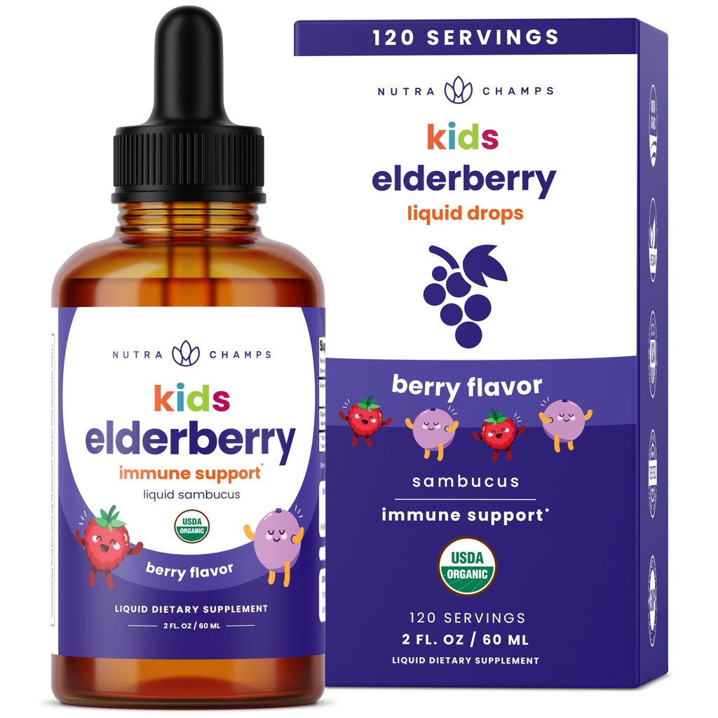 NutraChamps Black Elderberry for Kids Liquid Drops, 10: 1 Extract Sambucus Elderberry Syrup for Kids, Sugar- Free European Elderberry Drops Berry Flavor, immunforsvar, 4 måneders levering